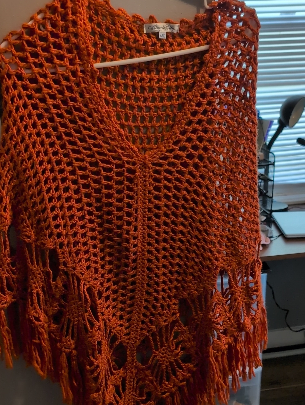 Orange Crochet Fringe Sweater Poncho